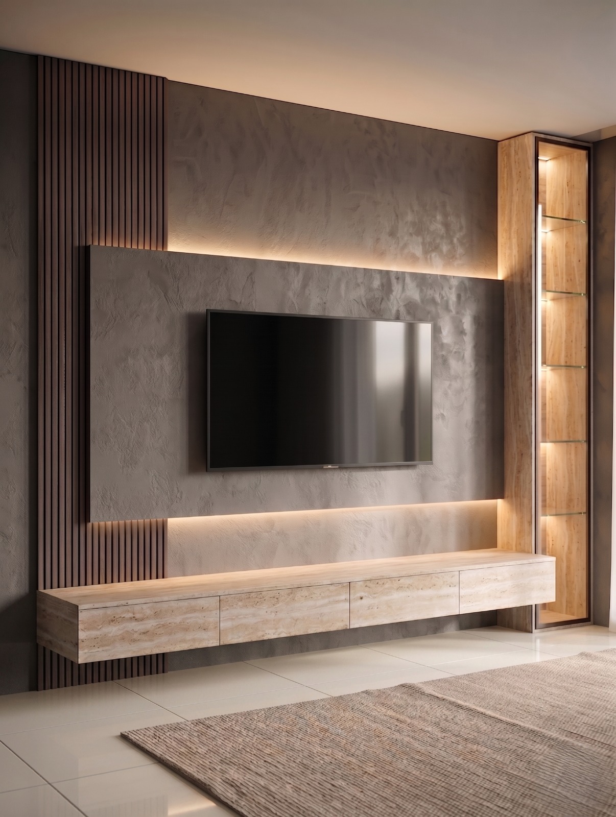 DAG Yapı Tasarım - Lüks TV Ünitesi, Ahşap Lamel ve Mermer Duvar Dekorasyonu 3D Tasarımı